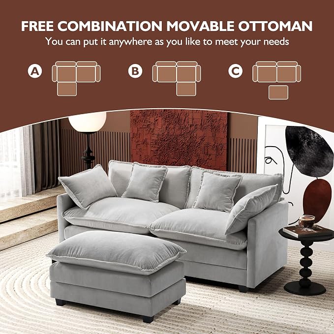 Ihanherry 77" L Shaped Modern Sofa Modular Sectional Cloud Couch with Ottoman, 3-Seat Chenille Deep Seat Sofa with Pillow for Living Room, Bedroom and Apartment, Grey