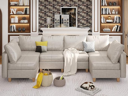 EASE MOOSE Modular Sofa with Storage, Faux Leather Sectional Sofa U Shaped Sectional Couches for Living Room, Whitesand