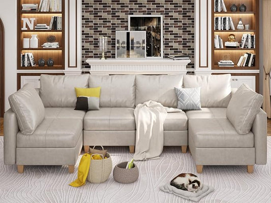 EASE MOOSE Modular Sofa with Storage, Faux Leather Sectional Sofa U Shaped Sectional Couches for Living Room, Whitesand