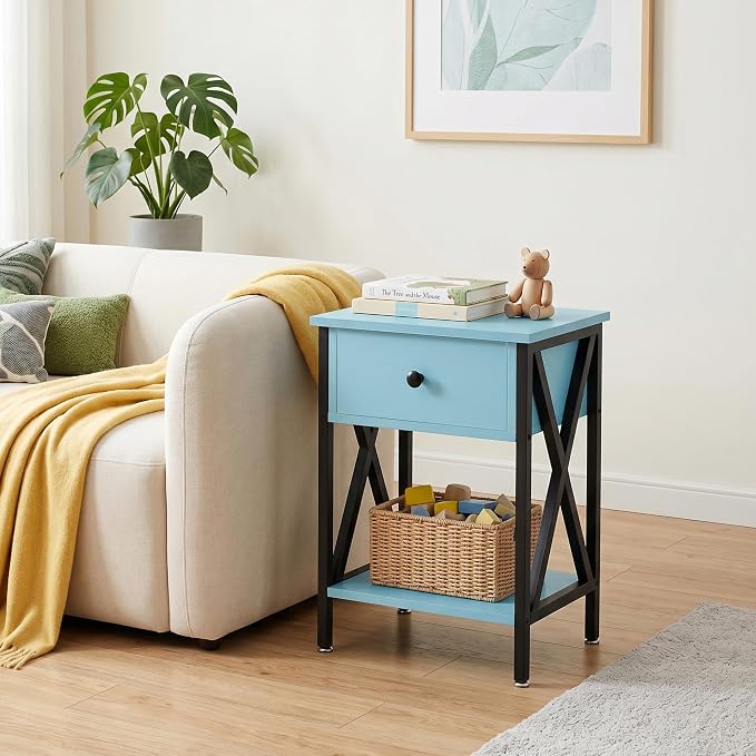VECELO Nightstands Set of 2, Modern Bedside End Tables, Night Stands with Drawer and Storage Shelf for Living Room Bedroom, Industrial Metal Frame
