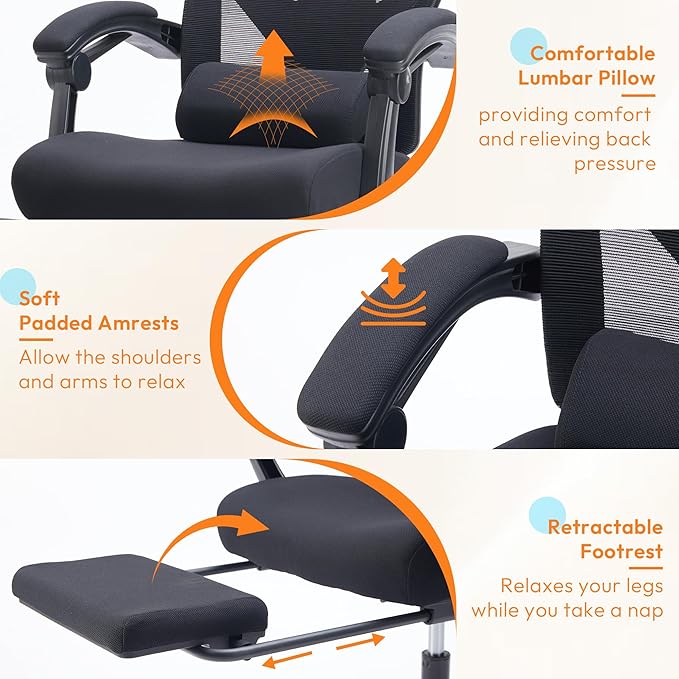 Desk Chair with Foot Rest, High-Back Mesh Office Chair with Wheels, Reclining Gaming Chair with Headrest and Adjustable Lumbar Support, 90°-130° Reclining, for Home Office and Gaming, Black