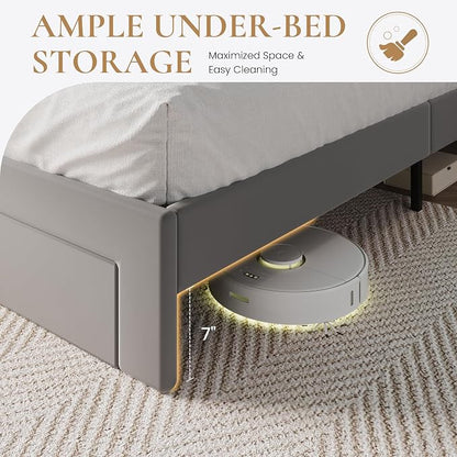 SHA CERLIN Velvet King Platform Bed Frame with 2 Storage Drawers, LED Storage Headboard with Charging Station, Wingback Upholstered, Noise Free, No Box Spring Needed, Easy Assembly, Grey