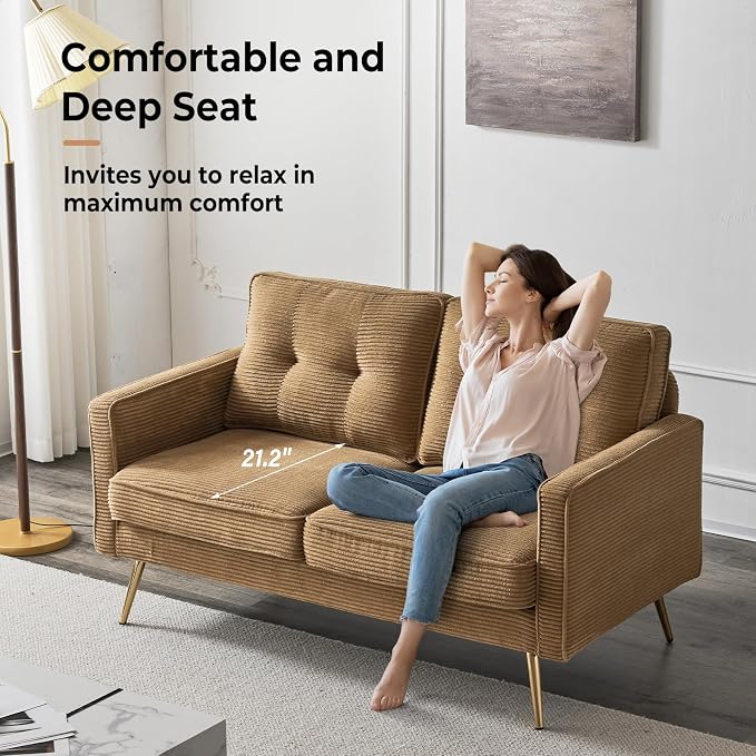 VINGLI 56" Modern Khaki Loveseat,Small Corduroy Sofa Couch Deep Seat for Living Room,2-Seater Loveseat Sofa for Bedroom,Apartment,Office,Dorm,Small Space