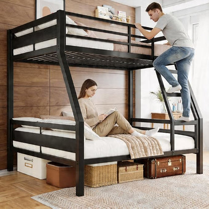 Einhomn Bunk Bed Twin Over Full, Heavy Duty Metal Bed with Ladder and Full-Length Guardrail, Large Under-Bed Storage Space, No Box Spring Needed, Noise Free, Black