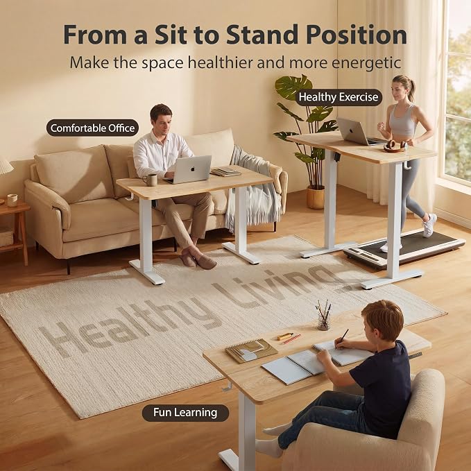 Cubiker Standing Desk, 40x24 Inches Sit Stand Home Office Desk, Electric Stand up Desk, Adjustable Desk with Splice Board, White Frame/Maple Top