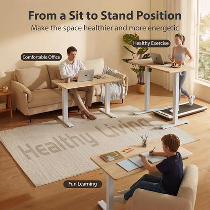 Cubiker Standing Desk, 55x24 Inches Sit Stand Home Office Desk, Electric Stand up Desk, Adjustable Desk with Splice Board, White Frame/Maple Top