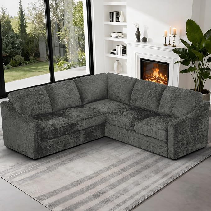 89" Chenille Sectional Sofa with High Density Sponge, Modern 5 Seats Corner Couch with Deep Seat, Comfy Modular L Shaped Couch with Comfortable Back Cushions for Living Room, Grey