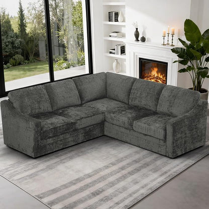89" Chenille Sectional Sofa with High Density Sponge, Modern 5 Seats Corner Couch with Deep Seat, Comfy Modular L Shaped Couch with Comfortable Back Cushions for Living Room, Grey