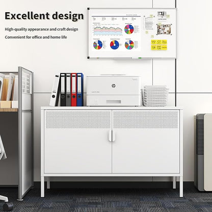 White Metal Storage Cabinet with 2 Doors - 25''H TV Stand, 2 Tier Locker with Adjustable Shelves, Multipurpose TV Cabinet for Office, Home, Living Room, Kitchen