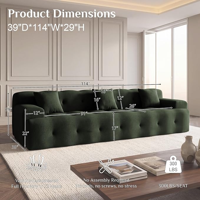 OUYESSIR 114" Boneless Couch,Cloud Couch,3D Mesh Fabric Comfy Sofa,3 Seater Modern Curved Sofa for Living Room,Bedroom and Apartment,No Assembly Required,Green