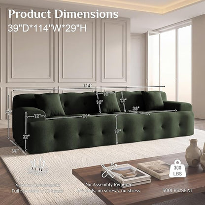 OUYESSIR 114" Boneless Couch,Cloud Couch,3D Mesh Fabric Comfy Sofa,3 Seater Modern Curved Sofa for Living Room,Bedroom and Apartment,No Assembly Required,Green