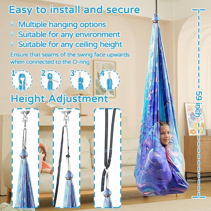 Sensory Swing for Kids Indoor & Outdoor Double Layer Therapy Cuddle Hammock Chair with 360 Swivel Hanger Kit Adjustable Swing for Child and Adult with Aspergers Autism ADHD (Cerulean)