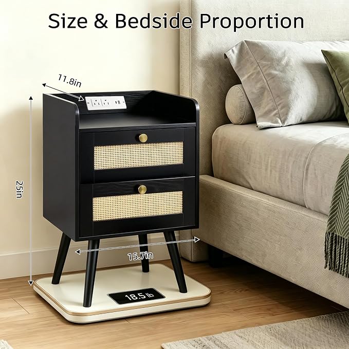 Nightstand with Charging Station, 2 Drawers, Boho Style Rattan Decor Bedside Table, Solid Wood Legs, Open Storage End Table for Bedroom, Small Spaces and Dorm, Black
