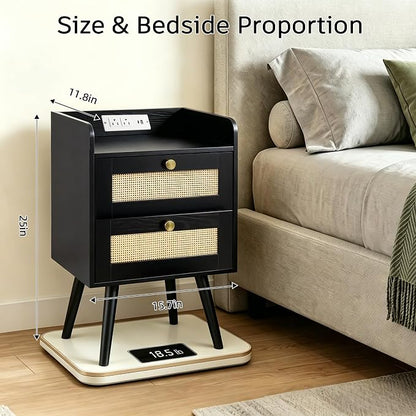Nightstand with Charging Station, 2 Drawers, Boho Style Rattan Decor Bedside Table, Solid Wood Legs, Open Storage End Table for Bedroom, Small Spaces and Dorm, Black