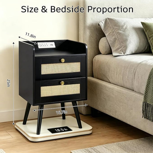 Nightstand with Charging Station, 2 Drawers, Boho Style Rattan Decor Bedside Table, Solid Wood Legs, Open Storage End Table for Bedroom, Small Spaces and Dorm, Black