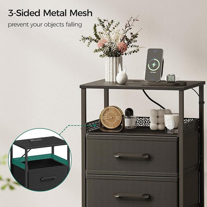 JARHETUN Nightstand Set of 2, Night Stands with Charging Station, 26.4 Inch Tall Bedside Table with Metal Shelf, Modern Side End Table with 3 Fabirc Drawers, Small Dresser for Bedroom, Black