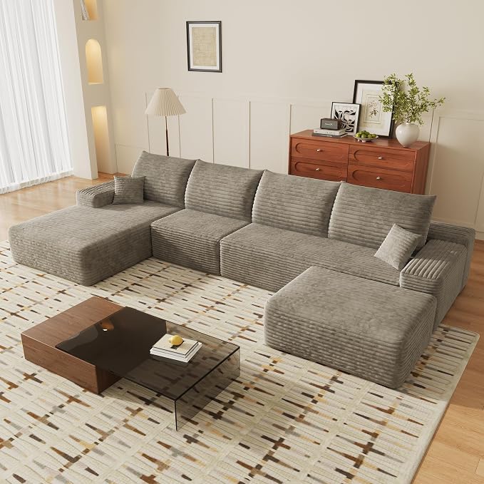 135" U Shaped Sectional Couch with Ottoman, Large Sectional Couches for Living Room, Plush Corduroy Convertible Sleeper Sofa, Compressed Foam Sofa in a Box No Assembly, Left Facing Chaise, Camel