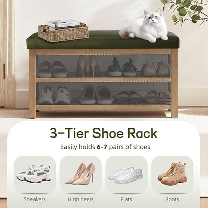 Zihanhome Shoe Rack Bench with Leather Cushion, 2 Tier Solid Wood Storage Bench, Mid-Century Modern Shoe Bench for Entryway, Hallway, Closet, Front Door Entrance, Foyer (Green, 31.5)
