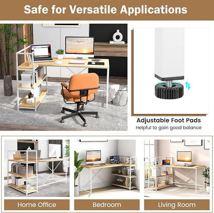 Tangkula Reversible L-Shaped Computer Desk, Space Saving Corner Desk with 3-Tier Storage Shelves & Metal Frame, Modern Executive Home Office Desk, PC Laptop Desk Workstation for Small Space (Natural)