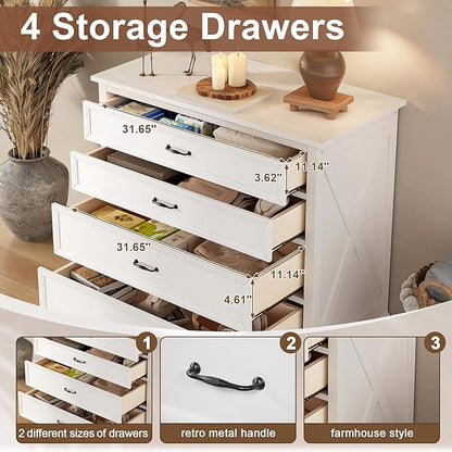 Farmhouse 4-Pieces Bedroom Sets, Queen Size Platform Bed with 2 Nightstands and 4-Drawer Storage, Wooden Bed Frame with Headboard and Footboard, Retro Queen Size Bedroom Set (White-4.13)