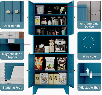 69" Tall Metal Pantry Cabinet with Microwave Stand,Microwave Storage Cabinet with 4 Doors & 3 Adjustable Shelves for Kitchen (4doors-Blue, 13.78" D x 27.54" W x 68.9" H)