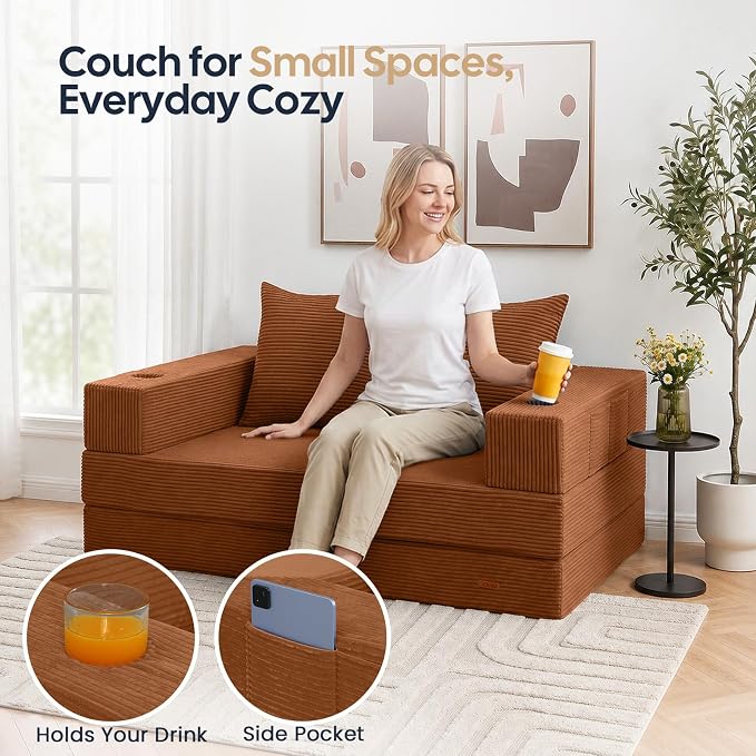 COMAX Futon Sofa Bed, Convertible Sofa Bed, Folding Boneless Couches | Boneless Couch for living room, Fold Out Small Foldable Loveseat Floor Sleeper Mattress Lounge Space‑Saving, Orange