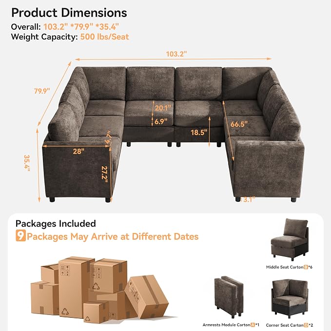 104'' U Shaped Modular Sofa, Sectional Couches with Storage for Living Room, Oversized 8 Seater Cloud Sectional Couch, Chenille Brown