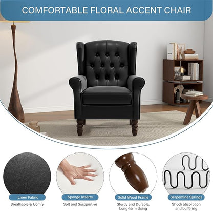 Faux Leather Accent Chair, High Back Wingback Chair Upholstered Armchair for Living Room, Comfy Single Sofa Bedroom Reading Seat with Solid Wood Legs - Black