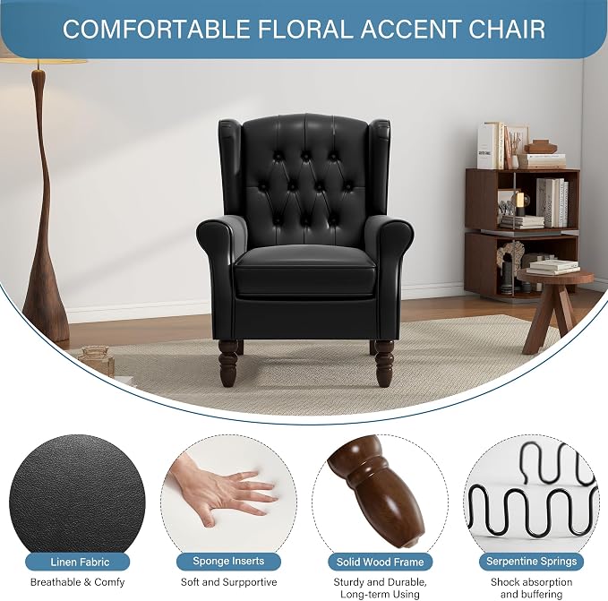 Faux Leather Accent Chairs Set of 2, High Back Upholstered Armchair for Living Room, Wingback Chair Comfy Single Sofa Bedroom Reading Seat with Solid Wood Legs - Black