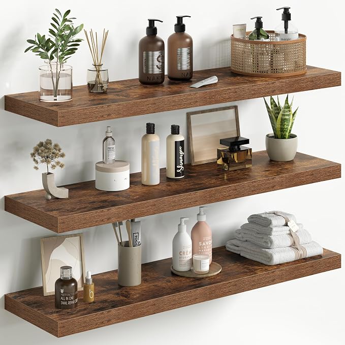 Fun Memories Floating Shelves for Wall 36 Inch Set of 3, Farmhouse Floating Shelves with Invisible Heavy Duty Bracket, 10 Inch Deep Bathroom Shelves for Storage, Living Room, Kitchen, Decor, Brown