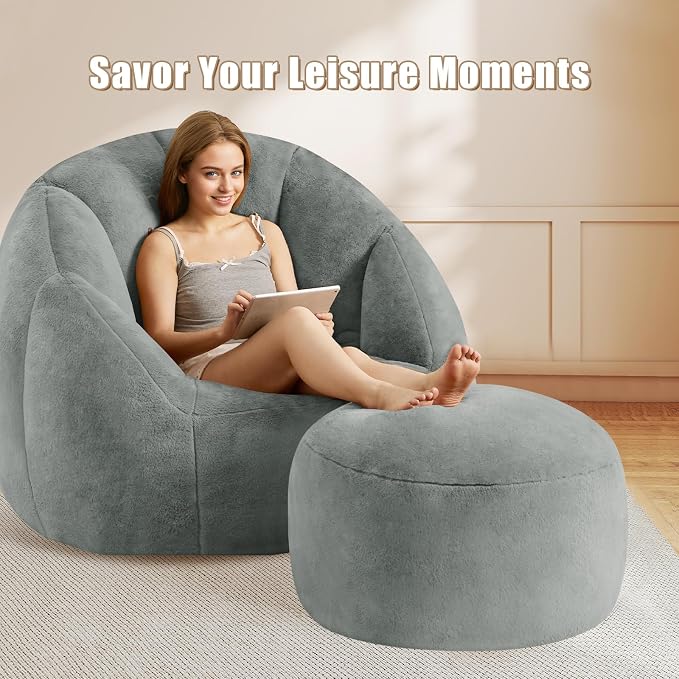 Gericco Round Pouf Ottoman Foot Rest, 29 X 18Inch Floor Poufs Footstool, A Round Modern Foam Filled Foot Stool for Living Room, Home, Nursery, Dorm (Grey, 29Inch)