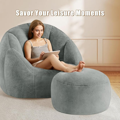 Gericco Round Pouf Ottoman Foot Rest, 29 X 18Inch Floor Poufs Footstool, A Round Modern Foam Filled Foot Stool for Living Room, Home, Nursery, Dorm (Grey, 29Inch)