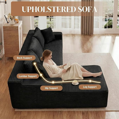 96" L Shaped Cloud Boneless Sectional Couches for Living Room, Modern Comfy Modular Deep Seat Memory Foam Compressed Corduroy Sofa Oversized Left Facing Chaise, No Assembly Required, Balck