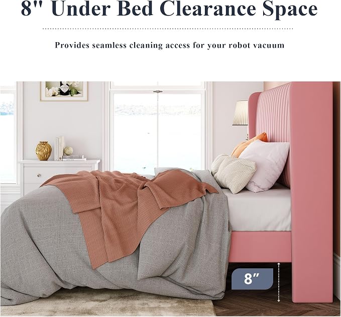 Allewie King Size Velvet Bed Frame/Vertical Channel Tufted Wingback Headboard/Upholstered Platform Bed/Strong Wooden Slats/No Box Spring Needed/Easy Assembly/Pink