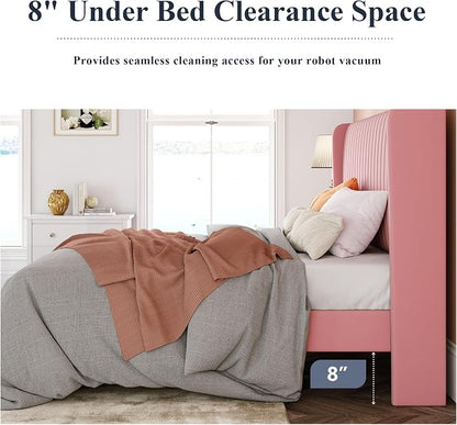 Allewie King Size Velvet Bed Frame/Vertical Channel Tufted Wingback Headboard/Upholstered Platform Bed/Strong Wooden Slats/No Box Spring Needed/Easy Assembly/Pink