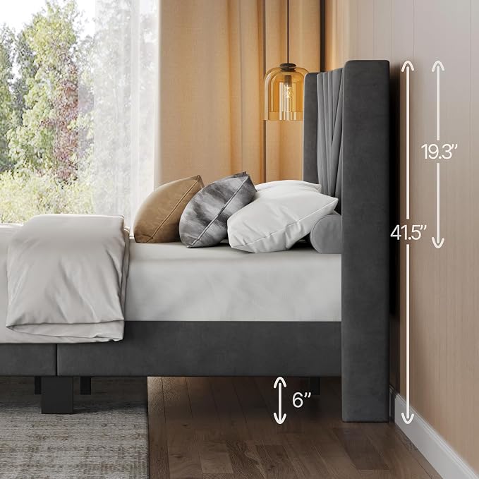 Yaheetech King Bed Frame Upholstered Platform Bed/Wooden Slat Support/Tufted Headboard with Wing Side/Mattress Foundation/No Box Spring Needed,Dark Gray King