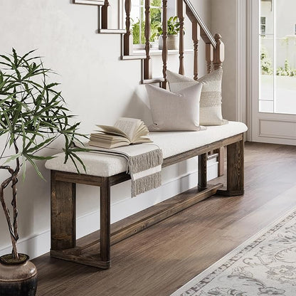 LITTLE TREE 63" Upholstered Bench, Solid Wood Entryway Shoe Bench with Cushion, Long Modern Farmhouse End of Bed Bench with Antique Brown Legs & Faux Lamb Fur Seat for Bedroom, Living Room, Dining