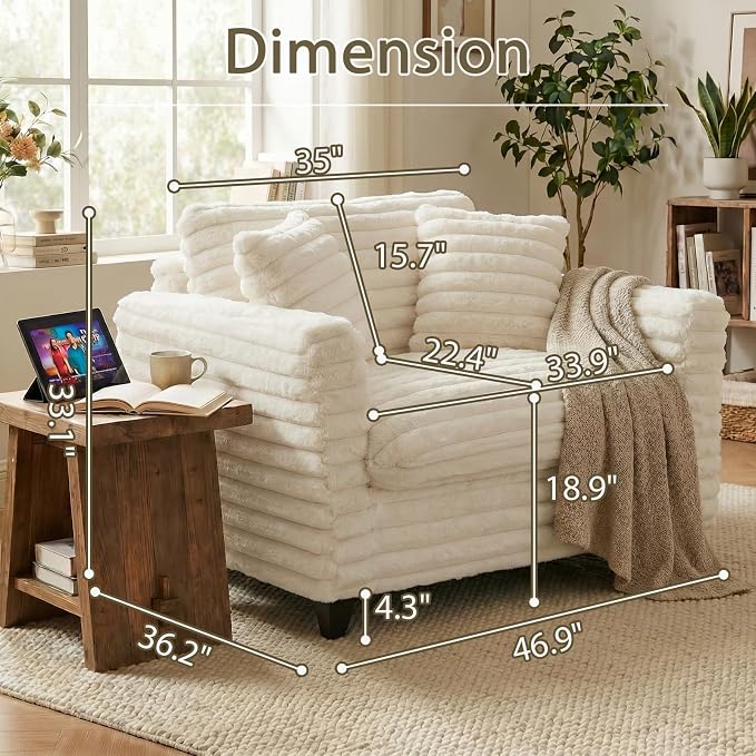 ERYE 46.9" Corduroy Upholstered Accent Chair Wide Seat Armchair for Living Room Bedroom, Modern Cloud Cushion Armchair W/ 2 Pillows and Wooden Legs for Home Apartment Office