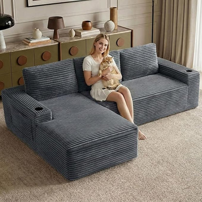 104.3" Modular Sectional Sofa,Modern Corduroy Cloud Couch with Cup Holder & Side Pockets,Boneless Couch Upholstered 3-Seater L-Shaped Sofa for Living Room,No Assembly (Dark Grey, Left-Facing Chaise) | with Cup Holder