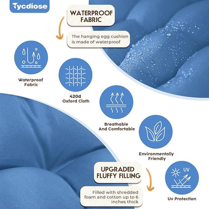 Outdoor Hanging Egg Chair Cushion Replacement, Thicken Egg Chair Cushion Waterproof Basket Eggs Chairs Cushion with Headrest Pillow, U-Shaped Cushions for Hanging Eggs Chairs (Royal Blue)