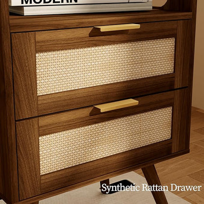 JOONEE Rattan Nightstand,Farmhouse Bedside Table with 2 Storage Drawer and Open Wood Shelf, for Bedroom and Small Spaces,Night Stand with Solid Wood Legs (Walnut Brown)