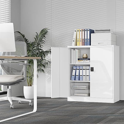 Metal Storage Cabinet，Garage Storage Cabinet with 2 Lockable Doors and 2 Adjustable Shelves, 36'' Steel Tool Cabinet for Garage, Office, Home, School(White)