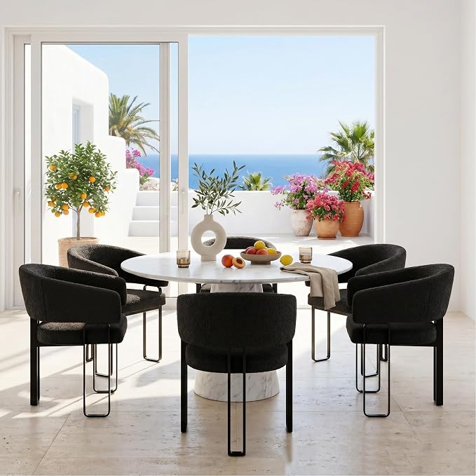 Modern Barrel Dining Chair, Black Boucle Kitchen Chair with U-Shaped Stainless Steel Legs, Armchair with Open Back for Living Room Bedroom Makeup Room, Set of 6