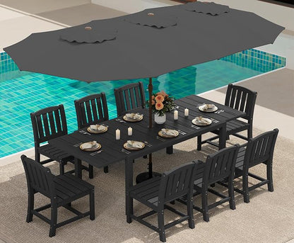 SERWALL 10-Piece Patio Dining Sets with 15FT Patio Umbrella, Black | 60" - 83" Expandable Outdoor Dining Table and 8 HDPE Chairs, All Weather HDPE Outdoor Furniture Set