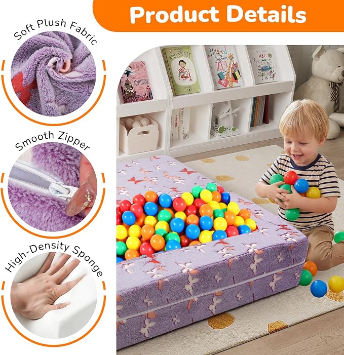 MeMoreCool Kids Modular Couch – Glow-in-the-Dark Butterfly Foam Sofa Bed, Lavender Convertible Toddler/Youth Playroom Sofa-to-Bed