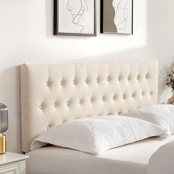 Tufted Upholstered Headboard Queen Size, Adjustable Height 37- 51 in, Beige | Sturdy and Durable Solid Wood Bed Headboard, Fabric Queen Headboard Only, Modern Button Diamond Design Head Board