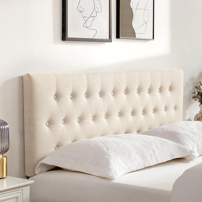 Tufted Upholstered Headboard King Size, Adjustable Height 37- 51 in, Beige | Sturdy and Durable Solid Wood Bed Headboard, Fabric King Headboard Only, Modern Button Diamond Design Head Board