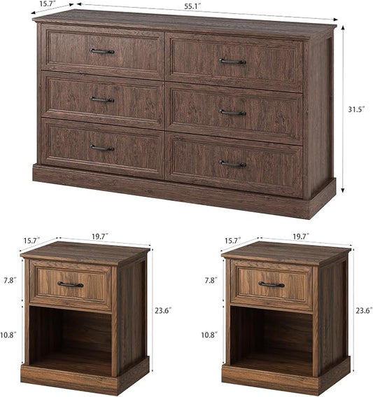 CARPETNAL Farmhouse Dresser and Nightstand Sets for Bedroom, 3 Pcs Bedroom Set, 6 Drawer Dresser & Nightstand Set of 2, Modern Wood Chest of Drawers for Bedroom, Living Room, Entryway, Brown