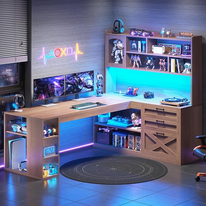 SEDETA Farmhouse L Shaped Office Desk with Drawers, 61” Computer Desk with Storage Shelves and Power Outlet, Corner Gaming Desk with LED Light and Display Cabinet for Home Office, Light Brown