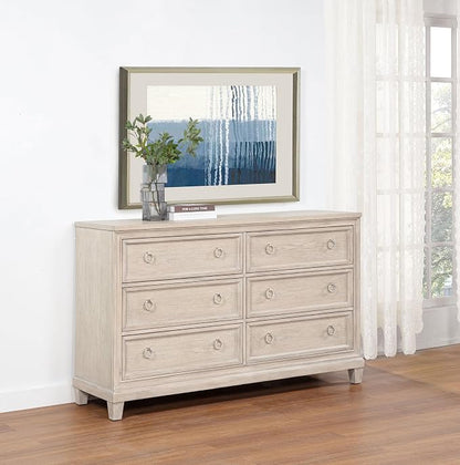 Coaster Home Furnishings - Pembroke - Wood - 6-Drawer Bedroom Dresser with Stepped Trim, Ring Pulls and Coastal Style - Bedroom - Washed Oak - 215923